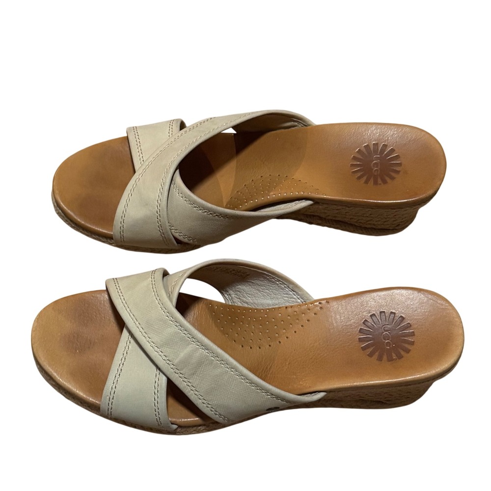 UGG Gwyn Beige Leather Espadrille Wedge Slide Sandals Women's Size 7 - Picture 3 of 13